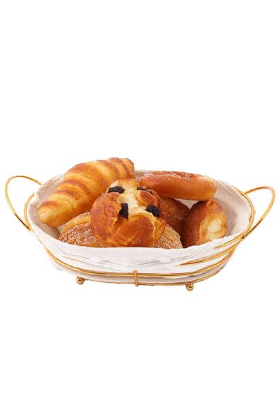 PUFO Oval metal basket kitchen for serving bread, with legs and removable textile cover, 26 x 19 cm, gold