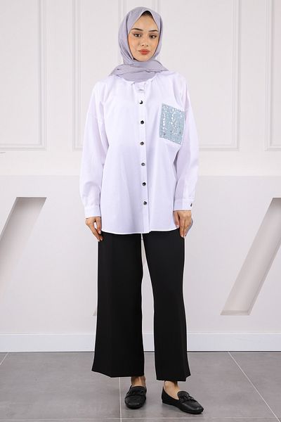 İmajButik Cămașă oversize cu buzunar alb brodat cu paiete