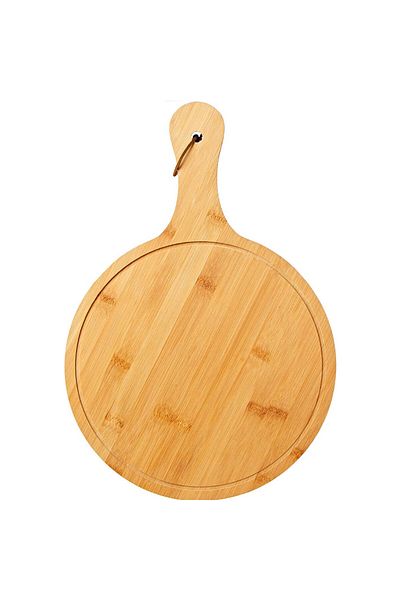 PUFO round bamboo platter with handle for serving food, appetizers, pizza, 44 cm, brown