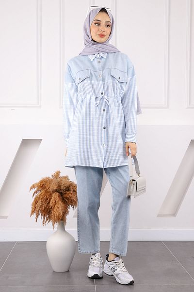 İmajButik Light Blue Shirt Garnished Denim Tunic Pants Suit