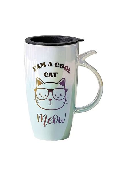 PUFO Cană înaltă din ceramică cu capac Pufo Cool Cat, pentru cafea sau ceai, 450 ml