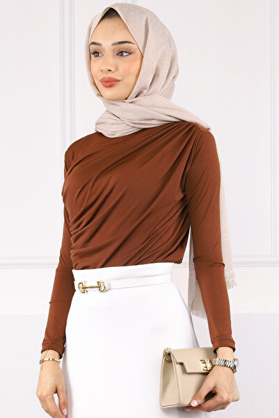 İmajButik Καφέ μπλούζα με ντραπέ σε καφέ