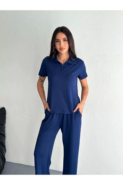 CVS Комплект от две части с тениска и яка с къс ръкав и яка Osy Modal, мека текстурирана материя - тъмносин