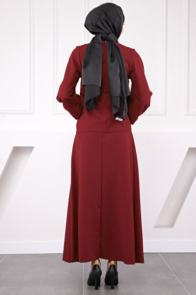 İmajButik Burgundy Bow Front Crepe Blouse Skirt Suit