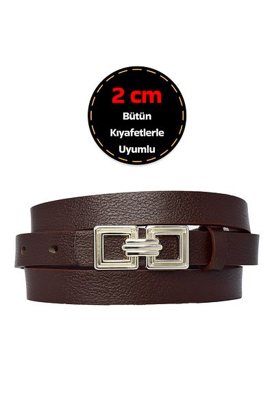 GoDeri 100% Genuine Leather, Silver Buckle Thin 2 cm Dark Brown Women's Dress, Trouser Belt; Square+Square