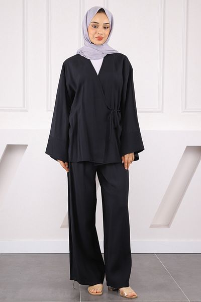 İmajButik Μαύρο κοστούμι δεμένο στη μέση Modal με παντελόνι κιμονό