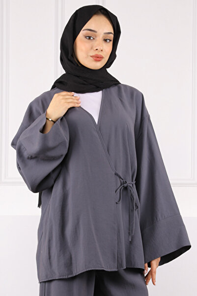 İmajButik Smoked Waist Tie Modal Kimono Pants Suit