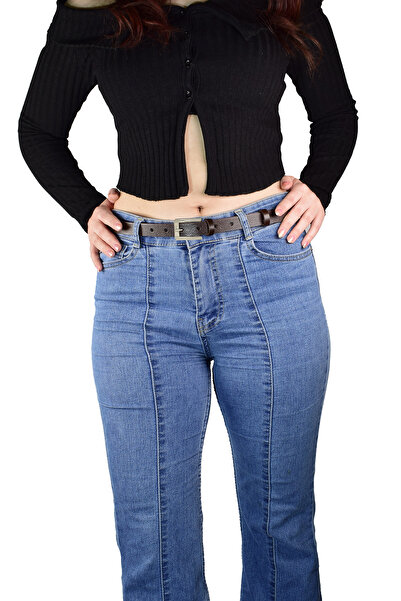 GoDeri %100 Hakiki Deri, Gümüş Tokalı İnce 2 cm Koyu Kahverengi Kadın Kemeri; Elbise, Pantolon Kemeri_DÜBYK