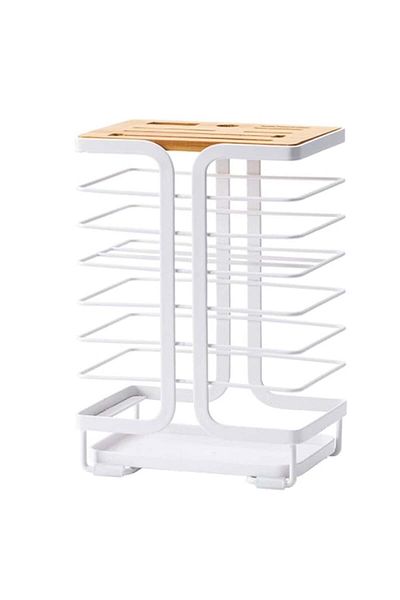 PUFO Suport pentru cuțite de bucătărie din metal și bambus, 23 x 15,5 cm, alb