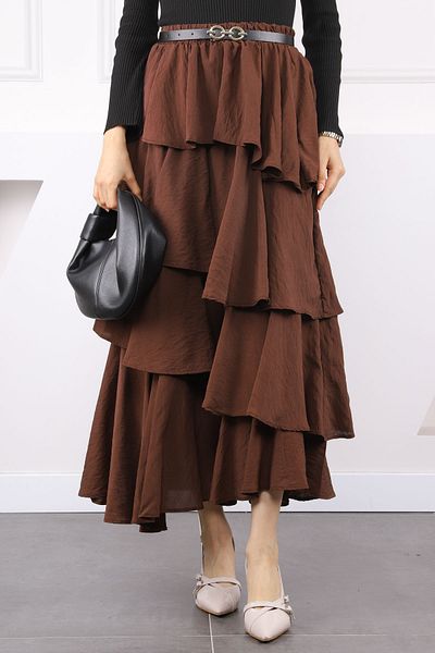 İmajButik Καφέ ελαστική μέση φούστα με ζώνη