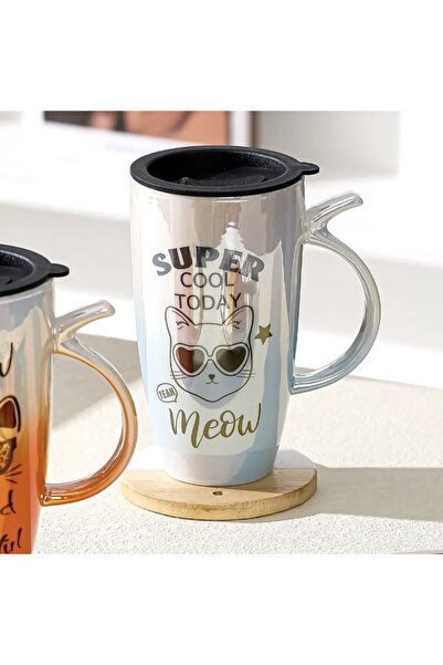 PUFO Cool Today tall ceramic mug with lid, for coffee or tea, 450 ml