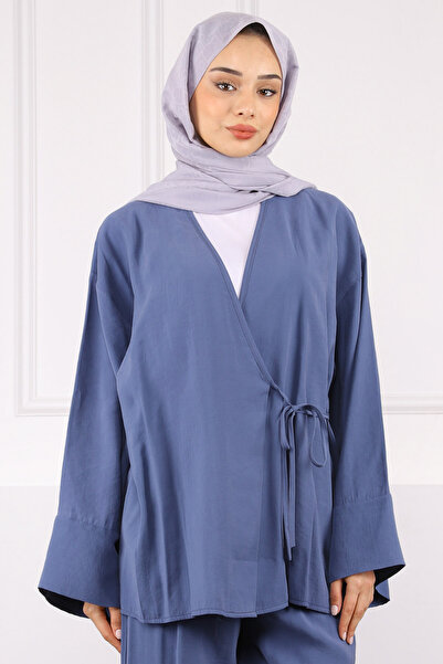 İmajButik Σετ παντελόνι Indigo Modal Kimono με δεμένη μέση