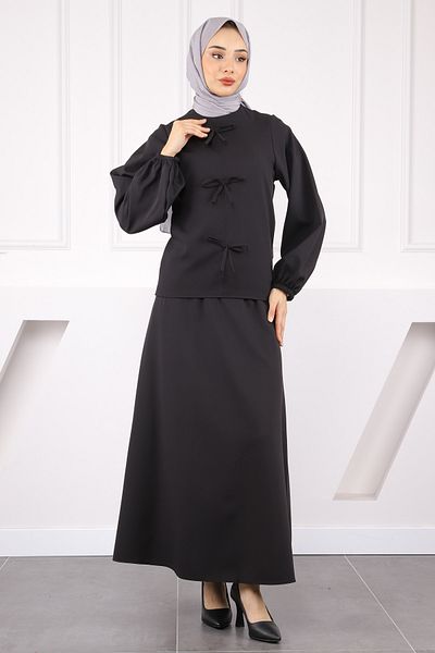 İmajButik Μαύρο Φιόγκο Κρεπ Μπλούζα Φούστα Κοστούμι