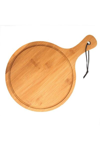 PUFO round bamboo platter with handle for serving food, appetizers, pizza, 44 cm, brown