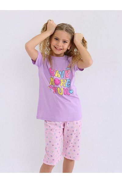 vitmo Girl's Short Sleeve Capri 100% Cotton Pajama Set More Fun