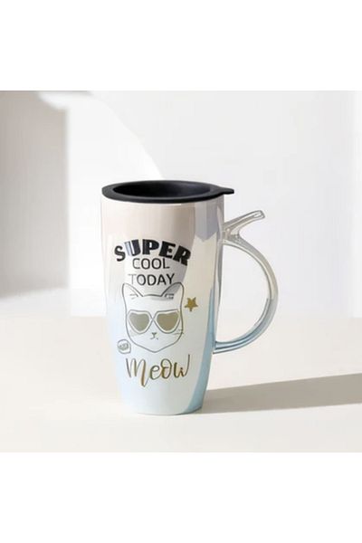 PUFO Cană înaltă ceramică Cool Today cu capac, pentru cafea sau ceai, 450 ml