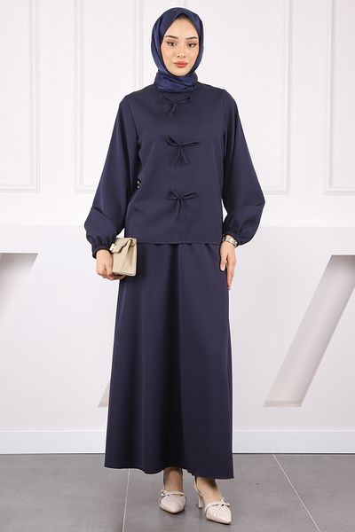 İmajButik بدلة تنورة بلوزة كريب بفيونكة أمامية باللون الأزرق الداكن