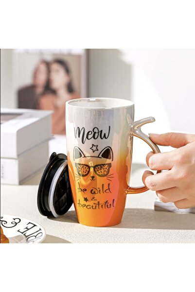 PUFO Tall ceramic mug with lid Pufo Wild & Beautiful, for coffee or tea, 450 ml