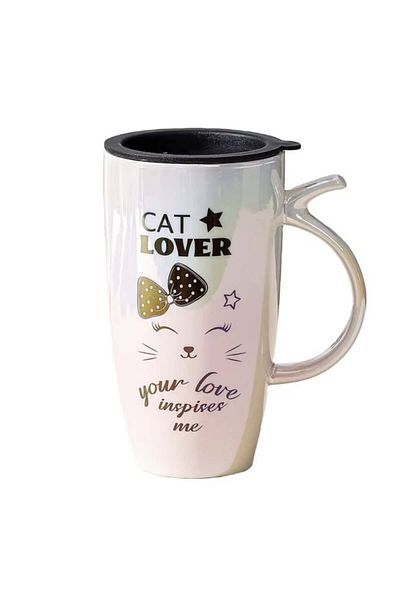 PUFO Cană înaltă din ceramică Love Inspire cu capac, pentru cafea sau ceai, 450 ml