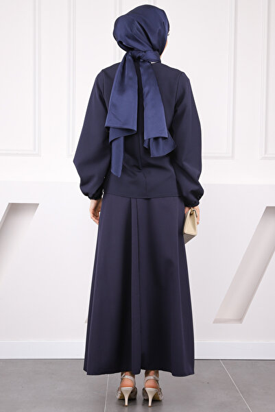 İmajButik Синій блуз з бантиком спереду та спідницею з крепу