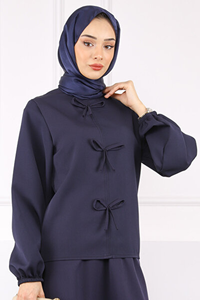 İmajButik Синій блуз з бантиком спереду та спідницею з крепу