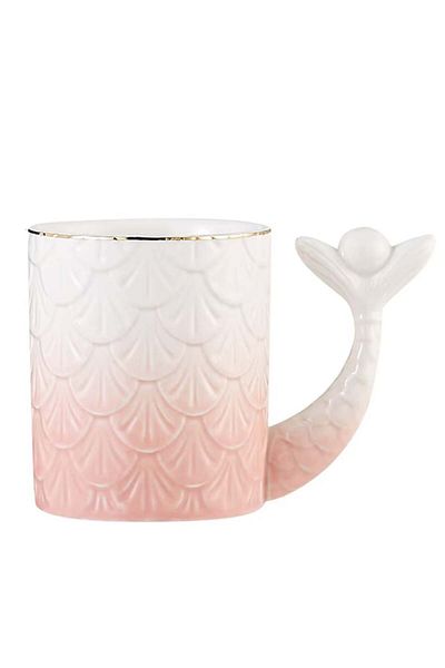 PUFO Cană ceramică Princess cu capac și linguriță pentru cafea sau ceai, 300 ml, roz