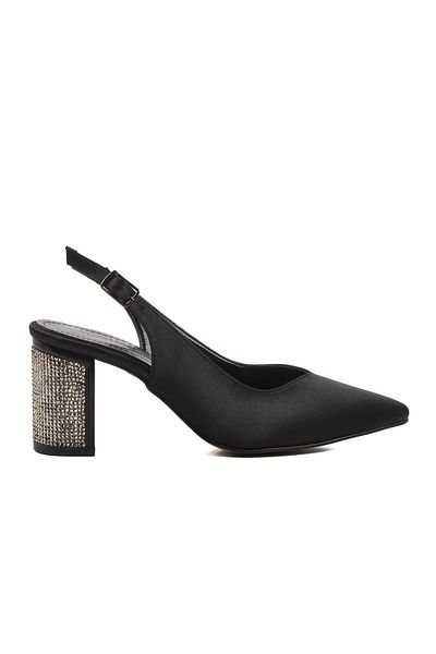 Aspor Black Satin Thick Heel Women's Heeled Shoes