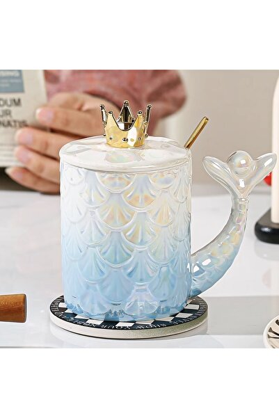 PUFO Princess ceramic mug with lid and spoon for coffee or tea, 300 ml, blue