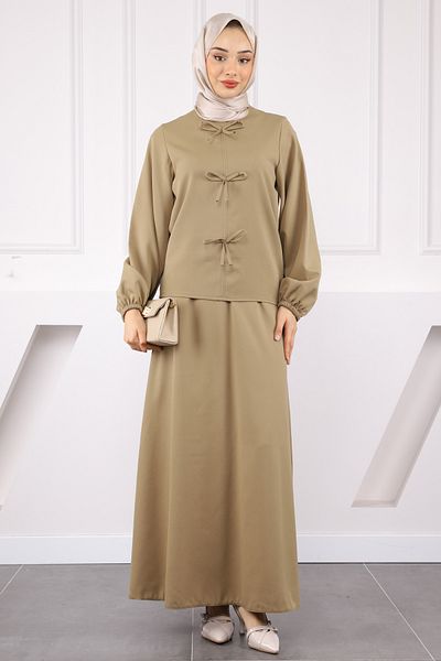 İmajButik Χακί Φιόγκος Μπροστινό Κρεπ Μπλούζα Φούστα Κοστούμι