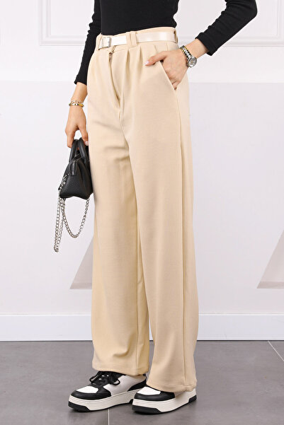İmajButik Beige Double Pleated Belted Lycra Palazzo Trousers