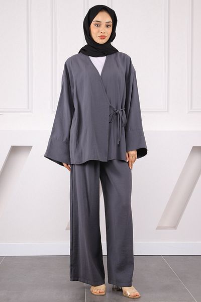 İmajButik Smoked Waist Tie Modal Kimono Pants Suit