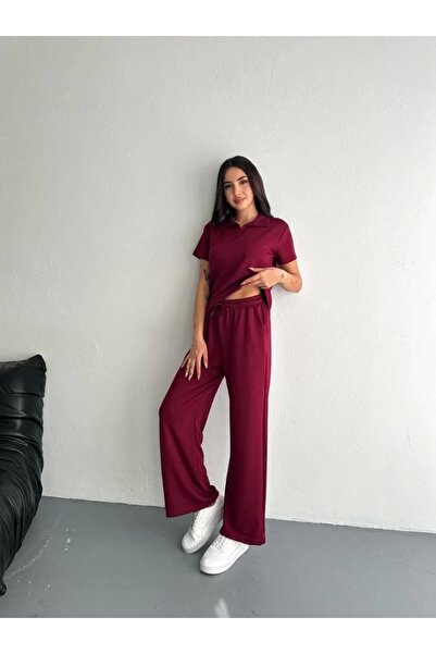 Genel Markalar Osy Modal Yumuşak Dokulu Kumaş Kısa Kollu Yakalı T-shirt Pantalon ikili Takım- Bordo