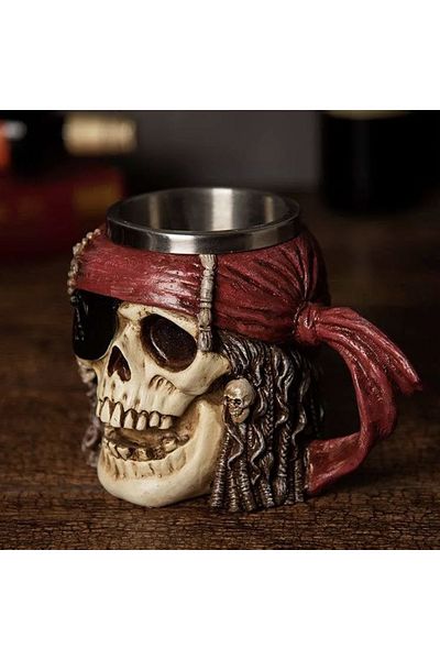PUFO Cană de bere metalică în formă de craniu Crazy Pirate, 380 ml