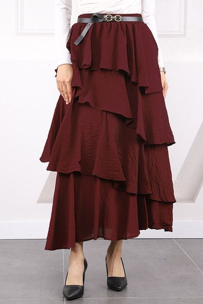 İmajButik Fusta cu centură cu talie elastică burgundă