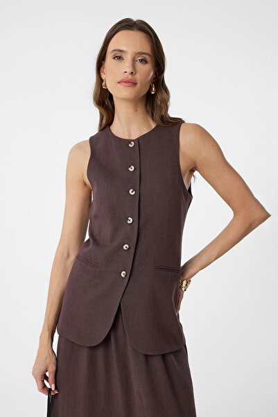 Antioch Brown Linen Blended Women's Long Vest