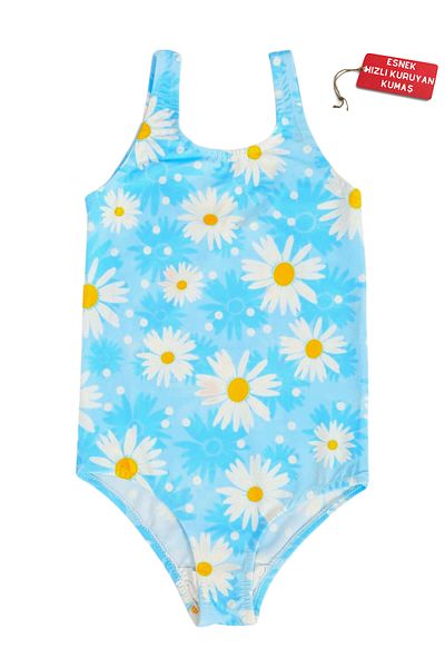 FırsatYeri Girls' Swimsuit Blue White Daisy Pattern Comfortable Quick Dry Swimsuit Sea Pool Beach Swimsuit