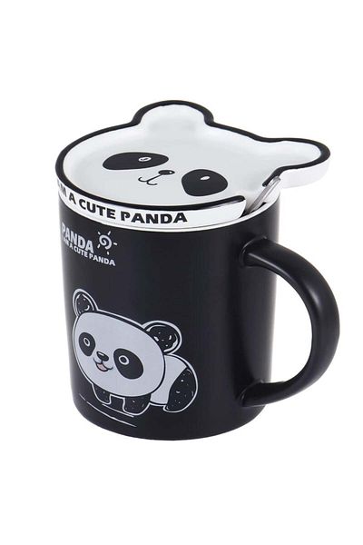 PUFO Cană ceramică Baby Panda cu capac și linguriță pentru cafea sau ceai, 300 ml