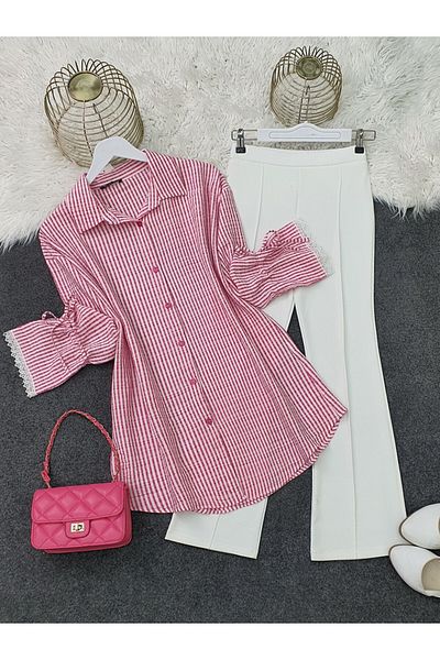 Modamorfo Lace-Up Striped Shirt with Lace Sleeves -Red