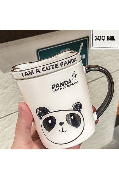 PUFO Cană ceramică Lonely Panda cu capac și linguriță pentru cafea sau ceai, 300 ml