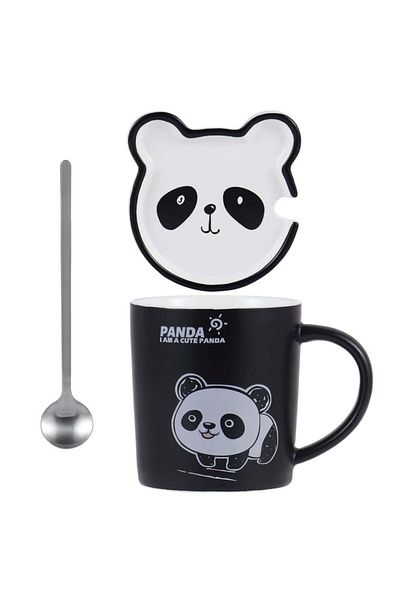 PUFO Cană ceramică Baby Panda cu capac și linguriță pentru cafea sau ceai, 300 ml