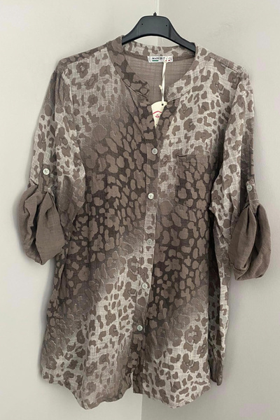 AYASOFYA OTANTIK Дамска италианска блуза с леопардов принт, сгънати ръкави, 1...