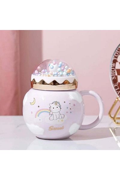 PUFO Unicorn World ceramic mug with lid for coffee or tea, 400 ml, purple