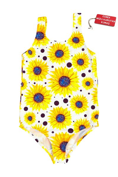 FırsatYeri Girls' Swimsuit Yellow Sunflower Pattern Comfortable Quick Dry Swimsuit Sea Pool Beach Swimsuit