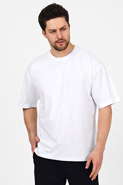 THE RULE Unisex Oversize 100% Cotton Wide Cut Soft Textured Basic Crew Neck White T-Shirt Rf0406