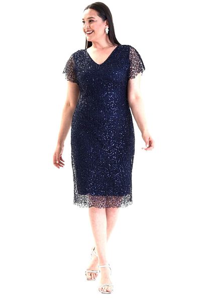 Şirin Butik Rochie de seară cu paiete din dantelă, cu mânecă scurtă, cu decolteu în V, albastru bleumarin, pentru femei