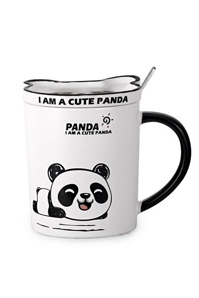 PUFO Cană ceramică Little Panda cu capac și linguriță pentru cafea sau ceai, 300 ml