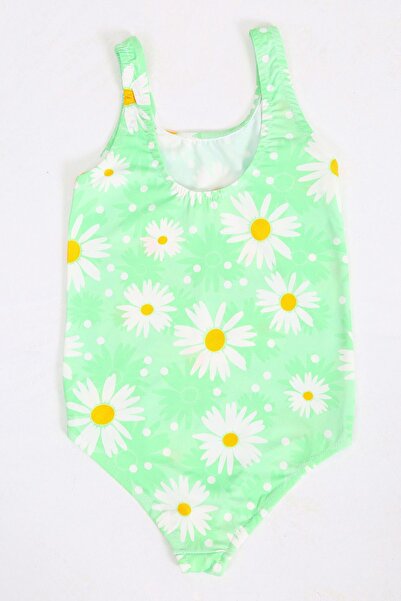 FırsatYeri Kız Çocuk Mayo Yeşil Beyaz Papatya Desenli Rahat Hızlı Kuruyan Mayo Deniz Havuz Plaj Mayosu
