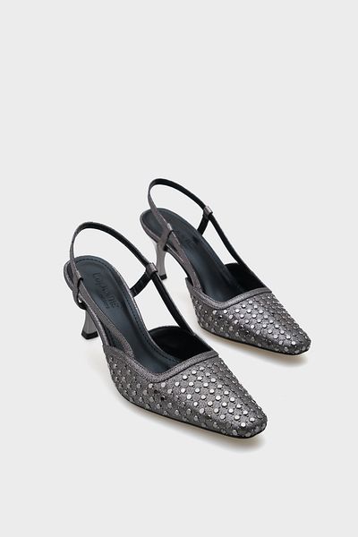 Capone Outfitters Damenschuhe mit offenem Rücken und stumpfer Zehenpartie, gesteinigt, mittlerer Platin-Absatz