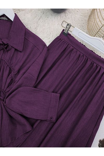 Modamorfo Suit with Tie-Up Collar and Waist Skirt - Plum