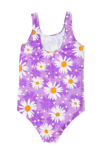 FırsatYeri Purple with White Daisies Girls' Swimsuit Comfortable Stretchy Quick Dry Bikini Sea Pool Beach Swimwear 2-11 Years